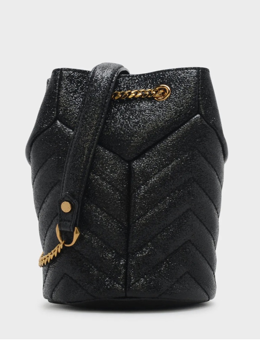 Charles & Keith Black Quilted Drawstring Sling Bag with Gold Chain